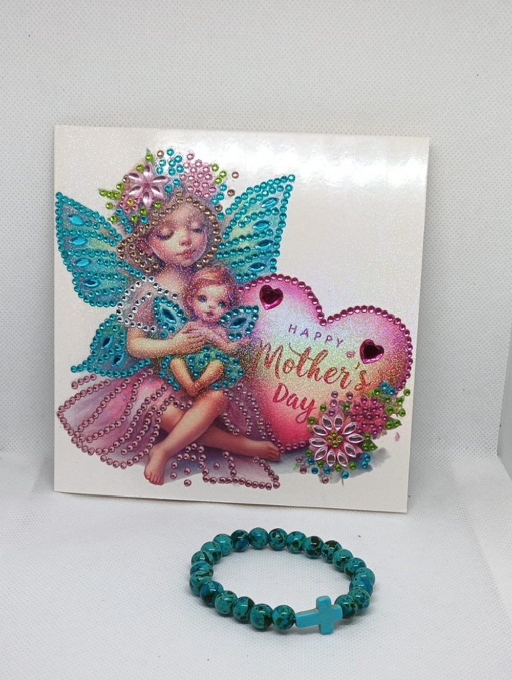 Handmade Mother's Day Card With Cross Beaded Stretch Bracelet